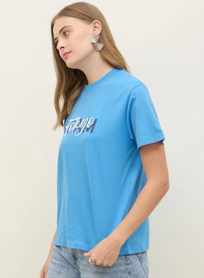 Styli Embroidered Slogan Boxy Fit Round Neck T-Shirt